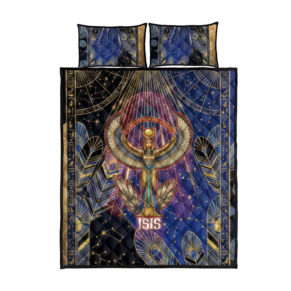 Isis Ankh Symbol Quilt Bed Set with Celestial Wings in Ancient Egyptian Cosmic
