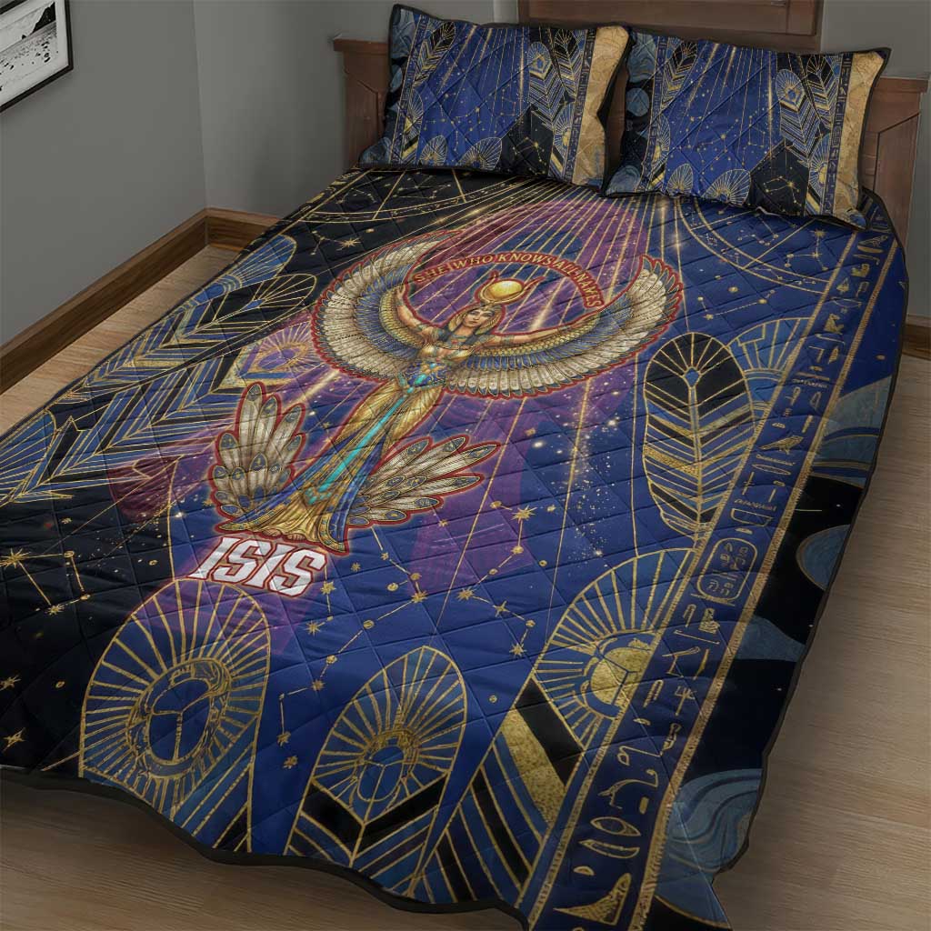 Isis Ankh Symbol Quilt Bed Set with Celestial Wings in Ancient Egyptian Cosmic