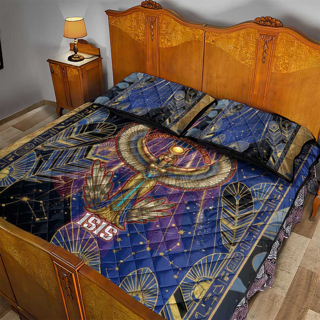 Isis Ankh Symbol Quilt Bed Set with Celestial Wings in Ancient Egyptian Cosmic