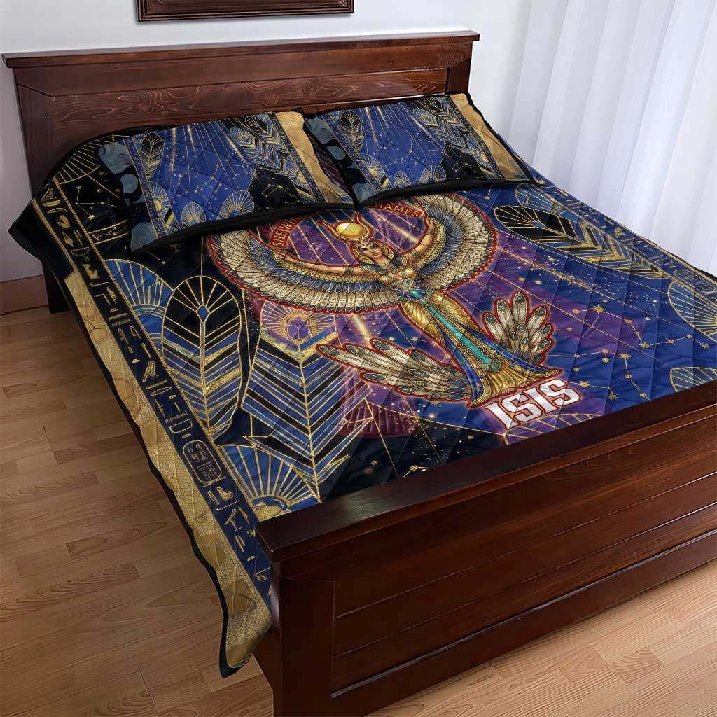 Isis Ankh Symbol Quilt Bed Set with Celestial Wings in Ancient Egyptian Cosmic