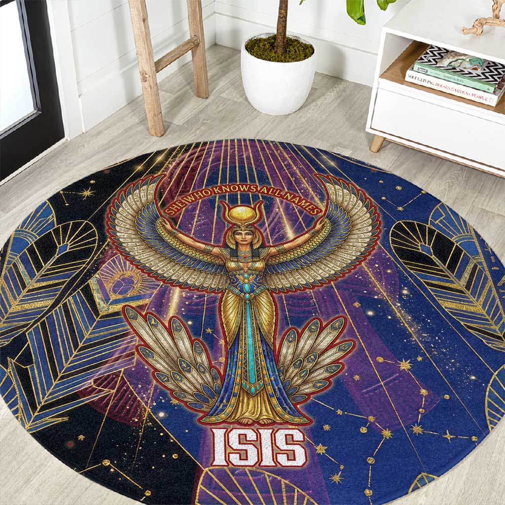 Isis Ankh Symbol Round Carpet with Celestial Wings in Ancient Egyptian Cosmic