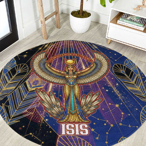 Isis Ankh Symbol Round Carpet with Celestial Wings in Ancient Egyptian Cosmic