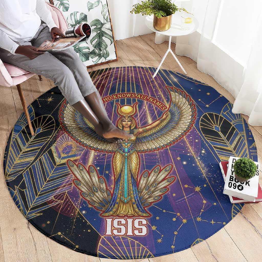 Isis Ankh Symbol Round Carpet with Celestial Wings in Ancient Egyptian Cosmic