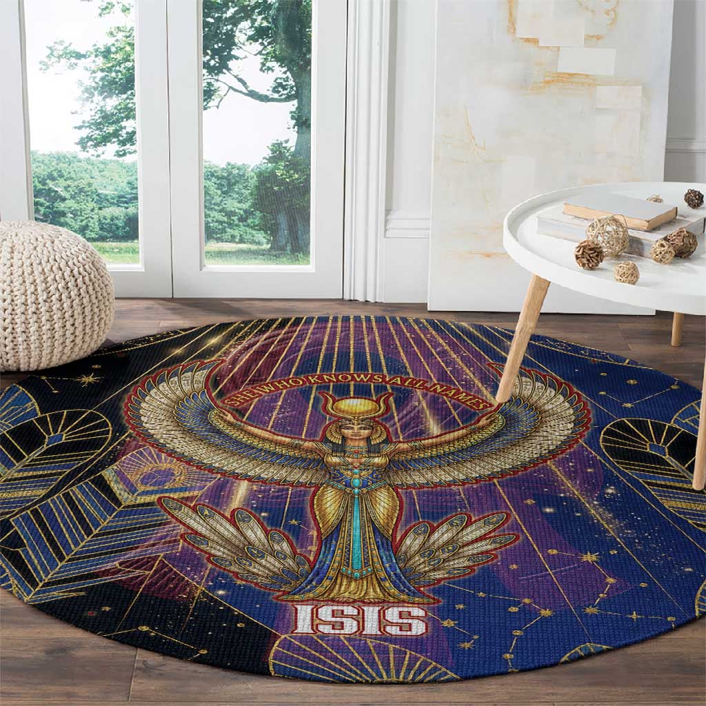 Isis Ankh Symbol Round Carpet with Celestial Wings in Ancient Egyptian Cosmic