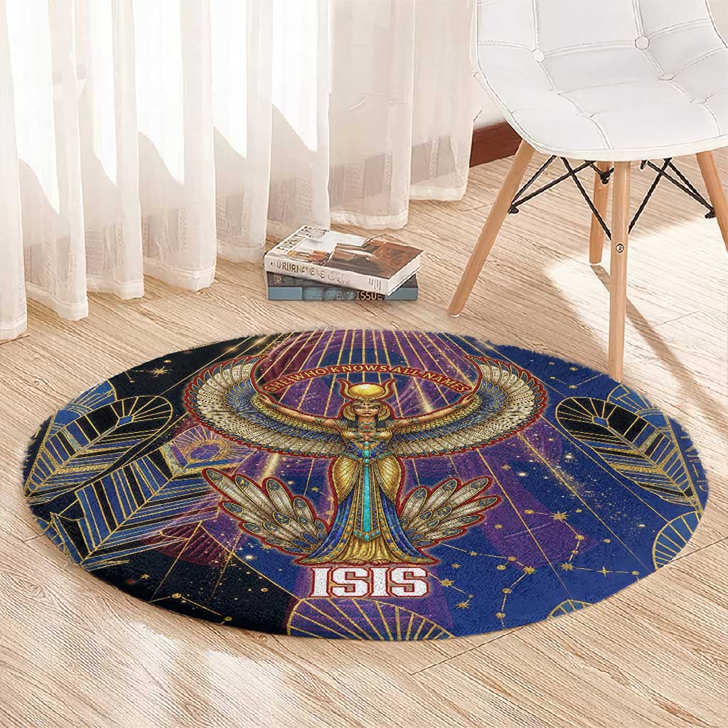 Isis Ankh Symbol Round Carpet with Celestial Wings in Ancient Egyptian Cosmic