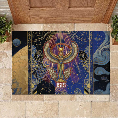 Isis Ankh Symbol Rubber Doormat with Celestial Wings in Ancient Egyptian Cosmic
