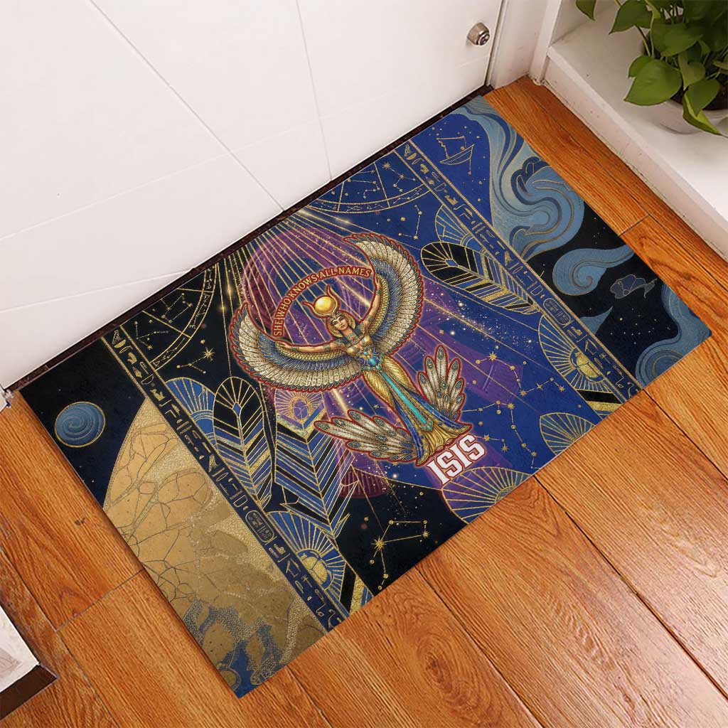Isis Ankh Symbol Rubber Doormat with Celestial Wings in Ancient Egyptian Cosmic