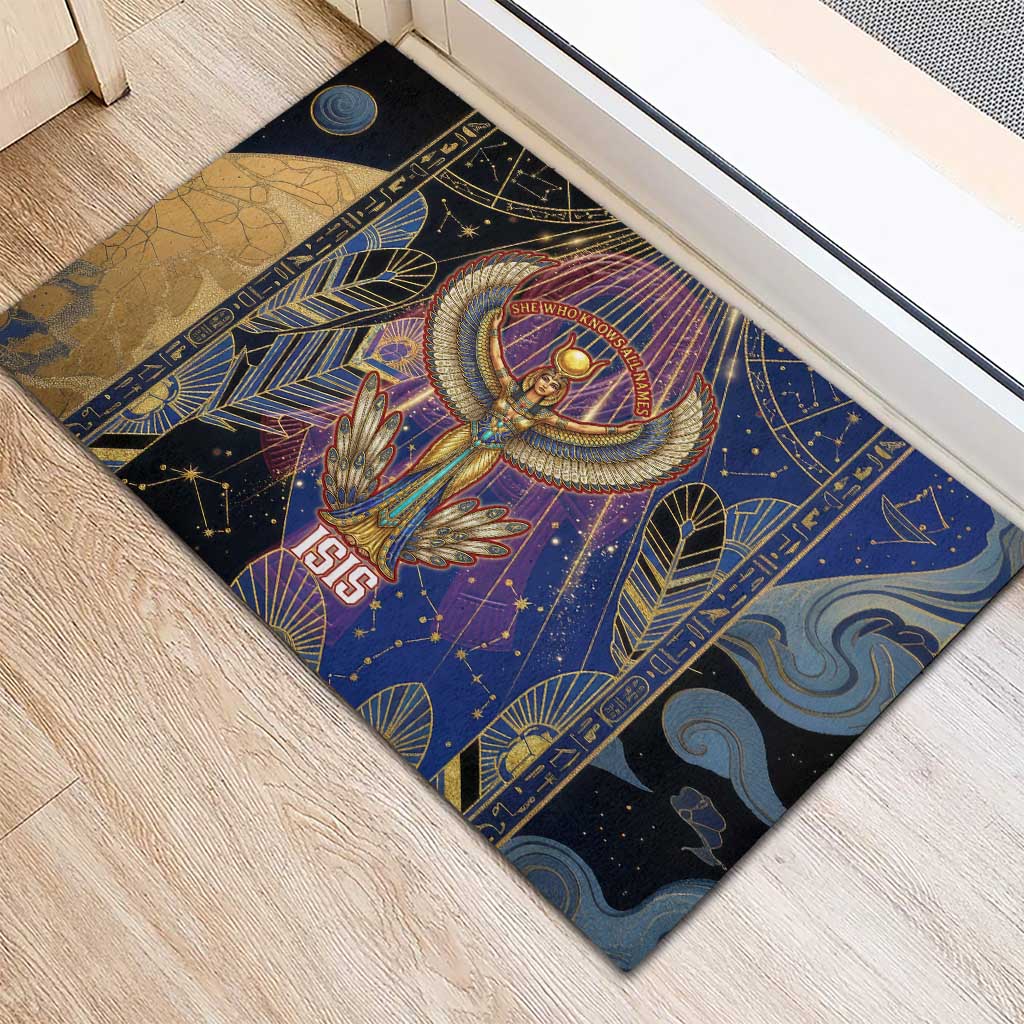 Isis Ankh Symbol Rubber Doormat with Celestial Wings in Ancient Egyptian Cosmic