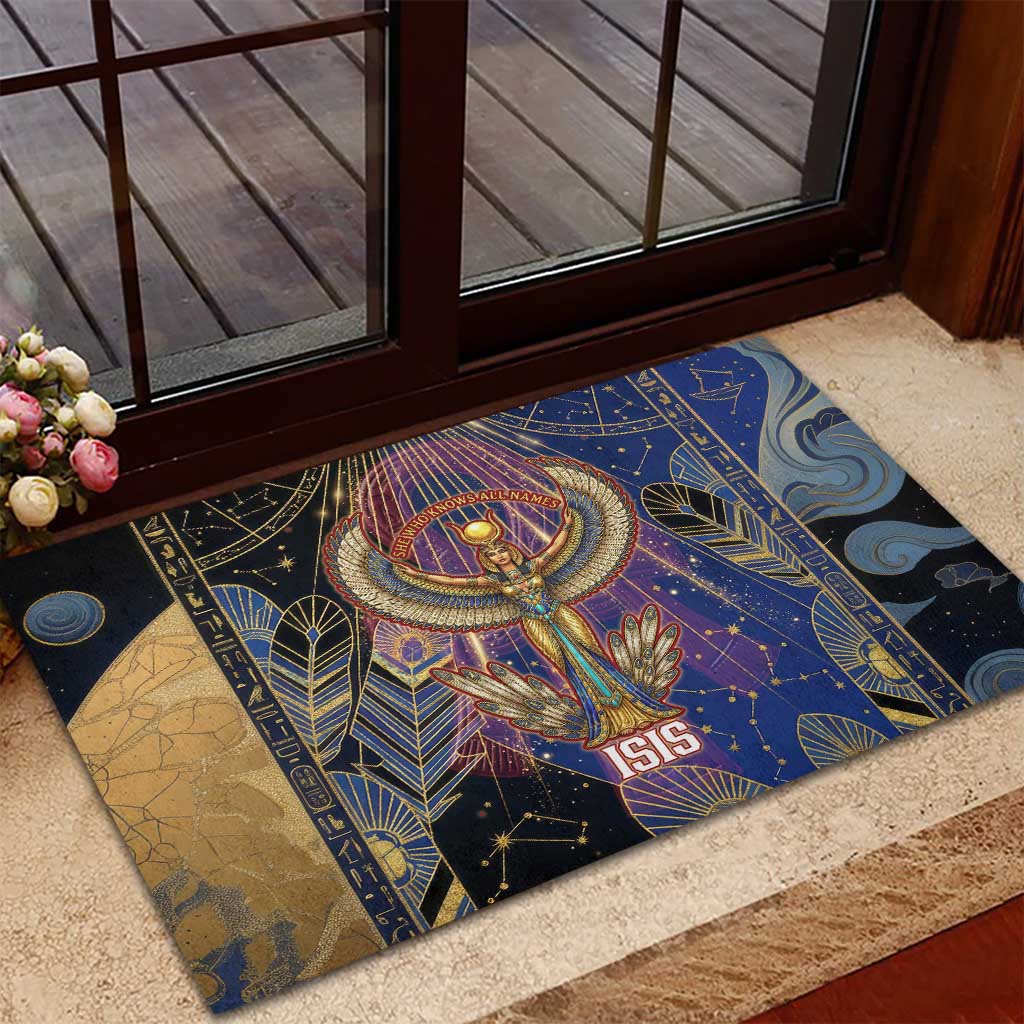 Isis Ankh Symbol Rubber Doormat with Celestial Wings in Ancient Egyptian Cosmic