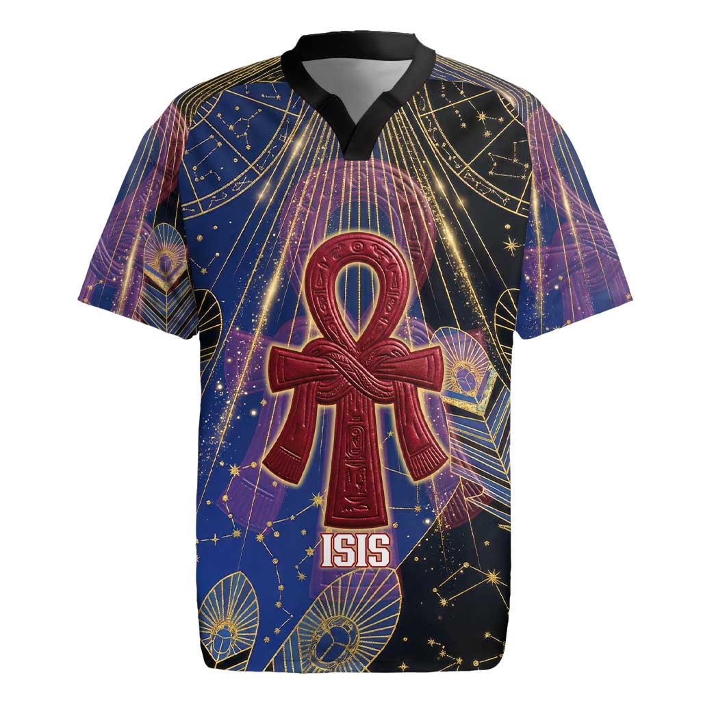 Isis Ankh Symbol Rugby Jersey with Celestial Wings in Ancient Egyptian Cosmic