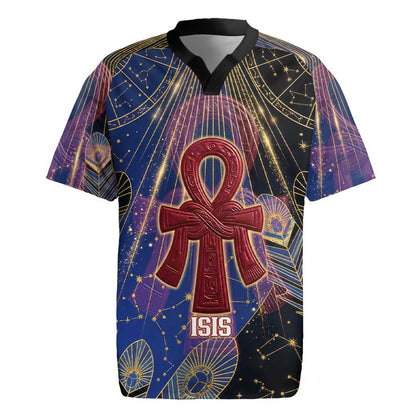 Isis Ankh Symbol Rugby Jersey with Celestial Wings in Ancient Egyptian Cosmic