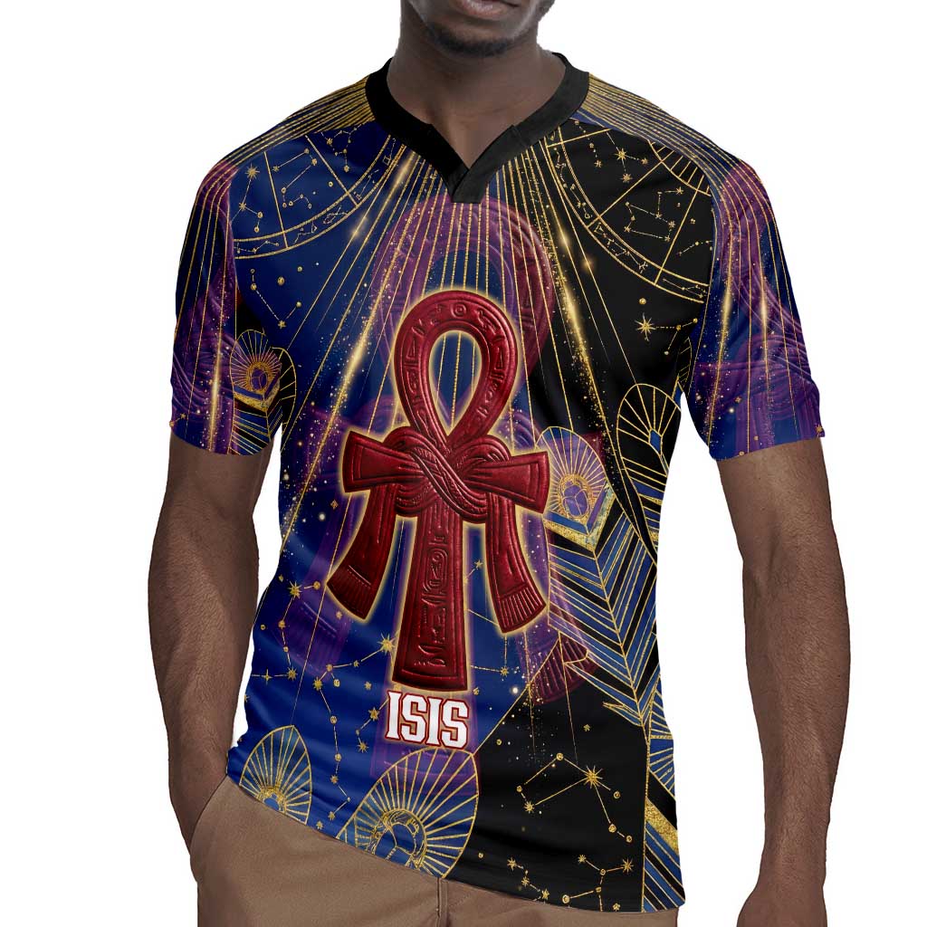 Isis Ankh Symbol Rugby Jersey with Celestial Wings in Ancient Egyptian Cosmic