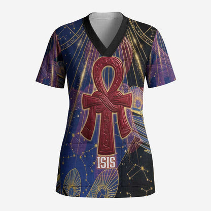 Isis Ankh Symbol Scrub Top with Celestial Wings in Ancient Egyptian Cosmic
