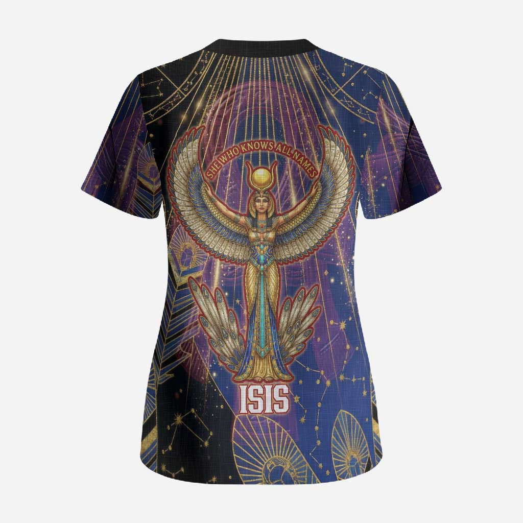 Isis Ankh Symbol Scrub Top with Celestial Wings in Ancient Egyptian Cosmic