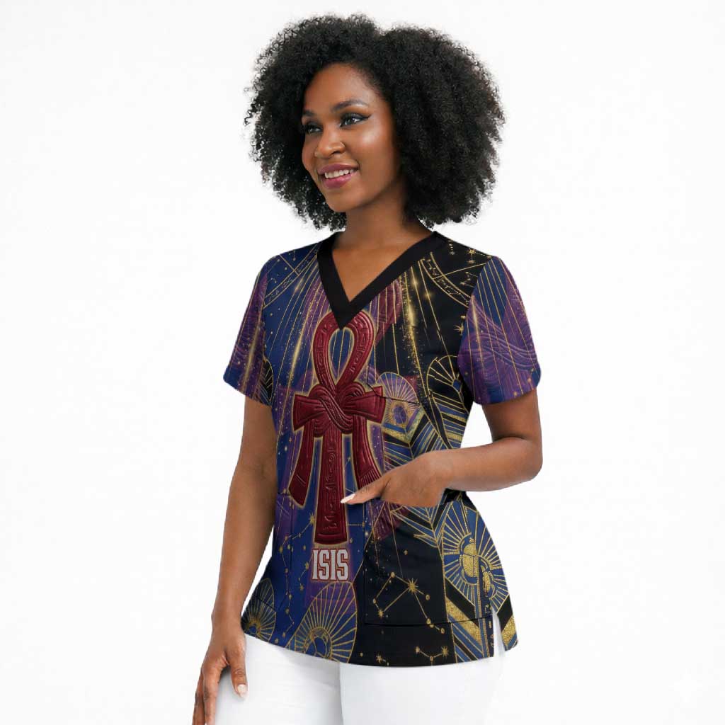 Isis Ankh Symbol Scrub Top with Celestial Wings in Ancient Egyptian Cosmic