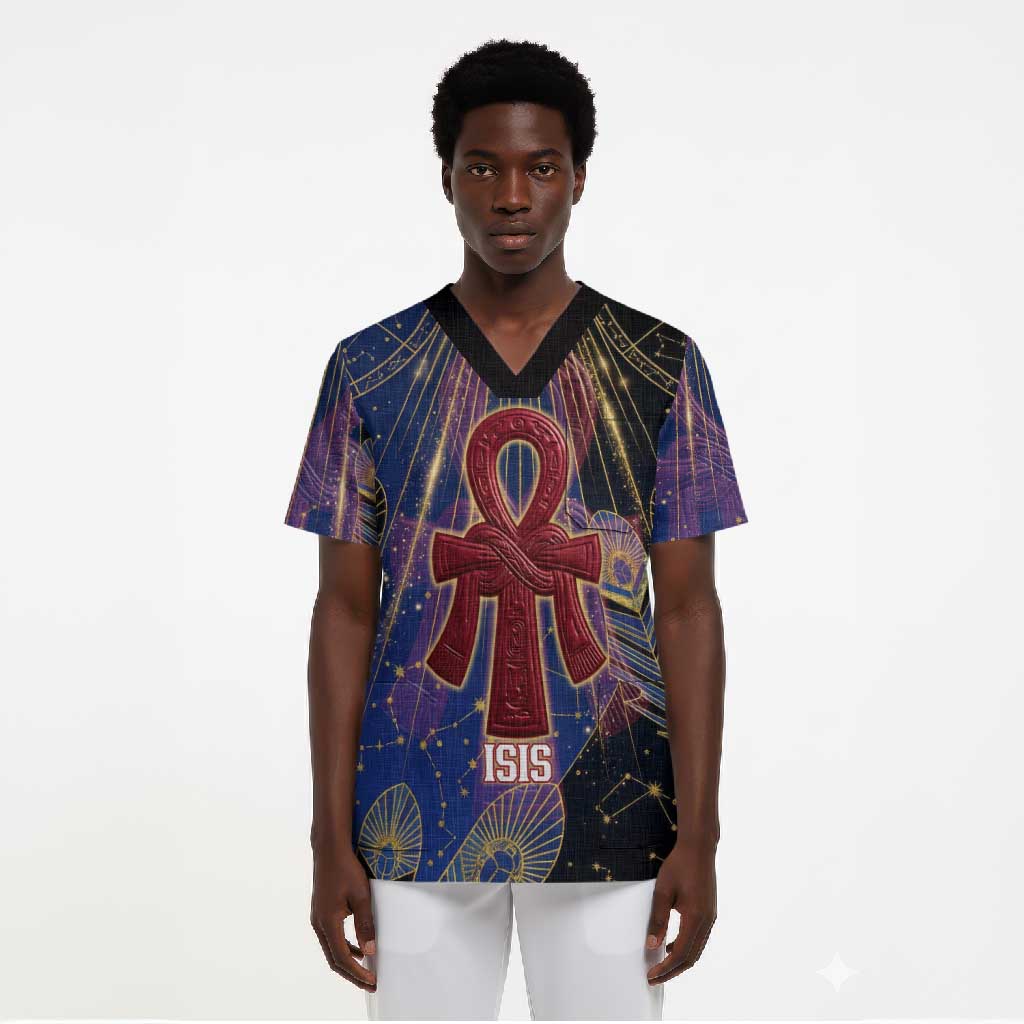 Isis Ankh Symbol Scrub Top with Celestial Wings in Ancient Egyptian Cosmic