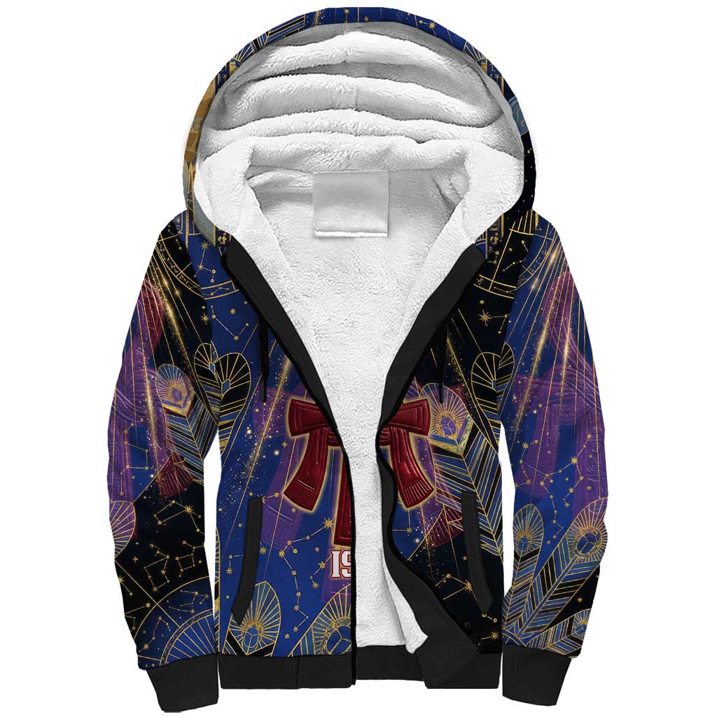 Isis Ankh Symbol Sherpa Hoodie with Celestial Wings in Ancient Egyptian Cosmic