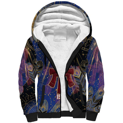 Isis Ankh Symbol Sherpa Hoodie with Celestial Wings in Ancient Egyptian Cosmic