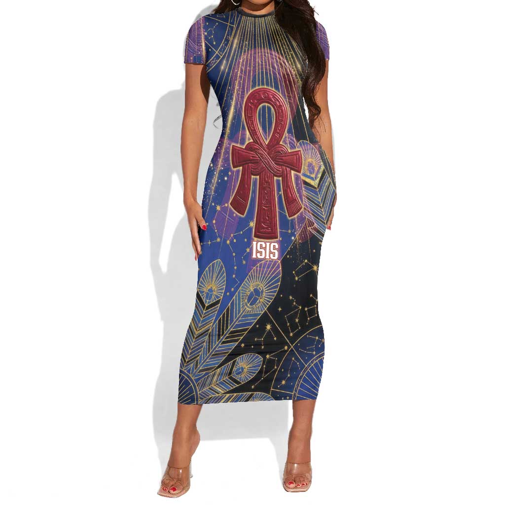 Isis Ankh Symbol Short Sleeve Bodycon Dress with Celestial Wings in Ancient Egyptian Cosmic