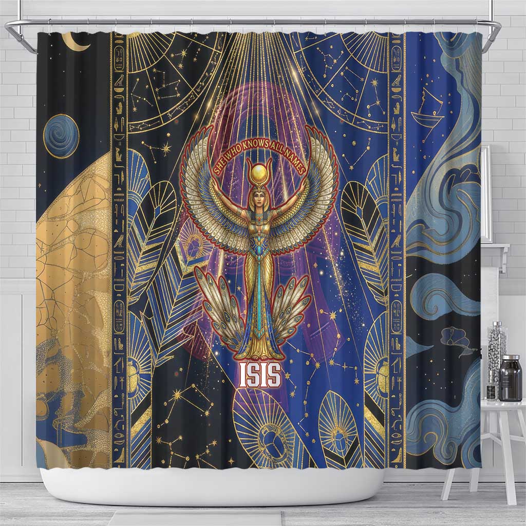 Isis Ankh Symbol Shower Curtain with Celestial Wings in Ancient Egyptian Cosmic