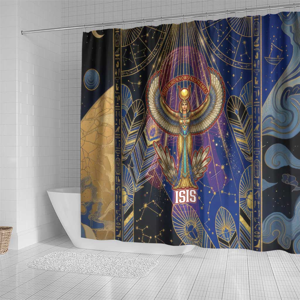 Isis Ankh Symbol Shower Curtain with Celestial Wings in Ancient Egyptian Cosmic