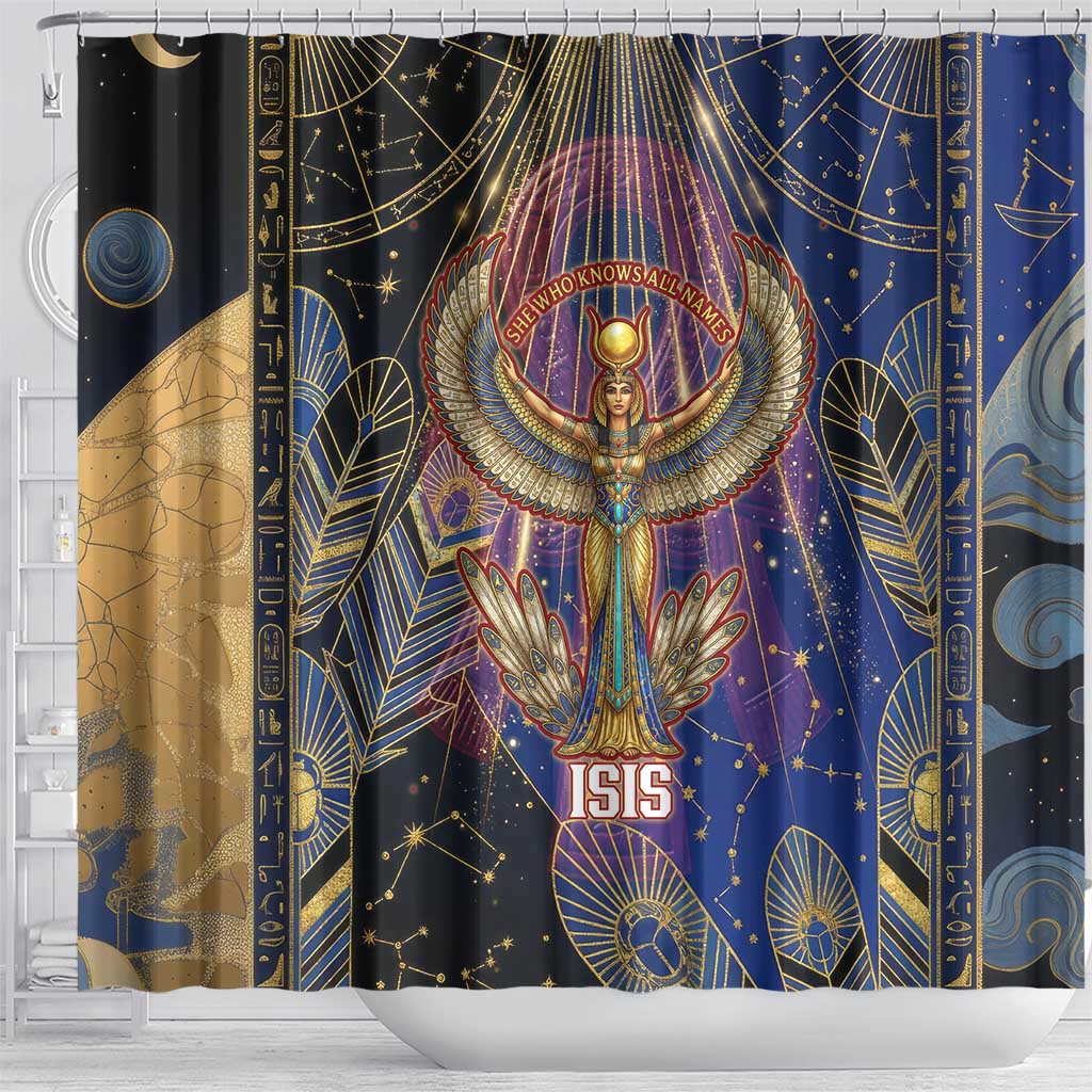 Isis Ankh Symbol Shower Curtain with Celestial Wings in Ancient Egyptian Cosmic