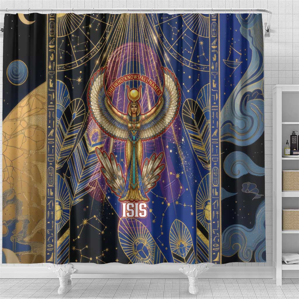 Isis Ankh Symbol Shower Curtain with Celestial Wings in Ancient Egyptian Cosmic