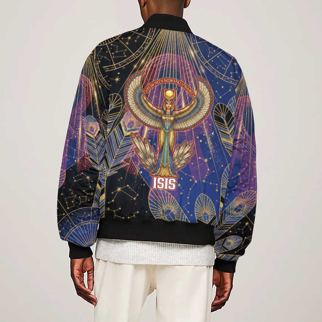 Isis Ankh Symbol Sleeve Zip Bomber Jacket with Celestial Wings in Ancient Egyptian Cosmic