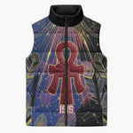 Isis Ankh Symbol Sleeveless Puffer Jacket with Celestial Wings in Ancient Egyptian Cosmic