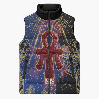 Isis Ankh Symbol Sleeveless Puffer Jacket with Celestial Wings in Ancient Egyptian Cosmic