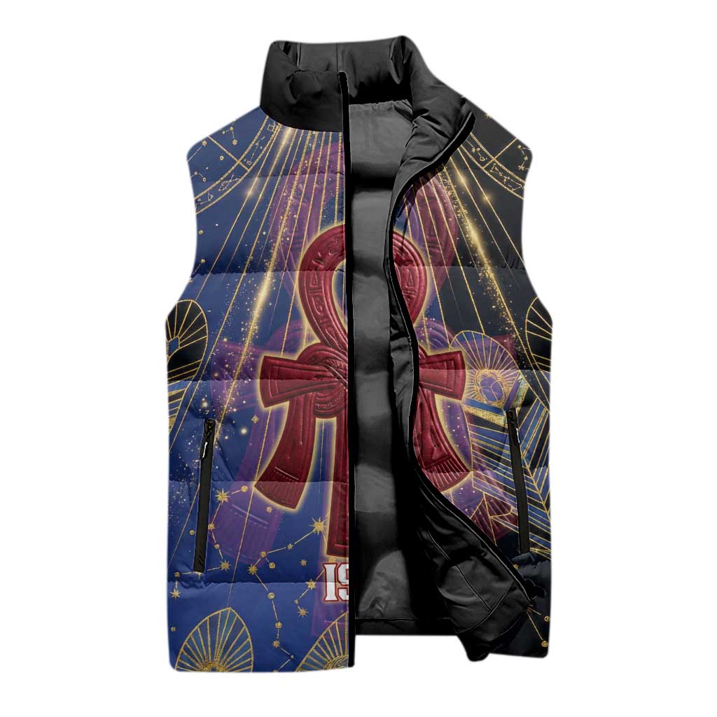 Isis Ankh Symbol Sleeveless Puffer Jacket with Celestial Wings in Ancient Egyptian Cosmic