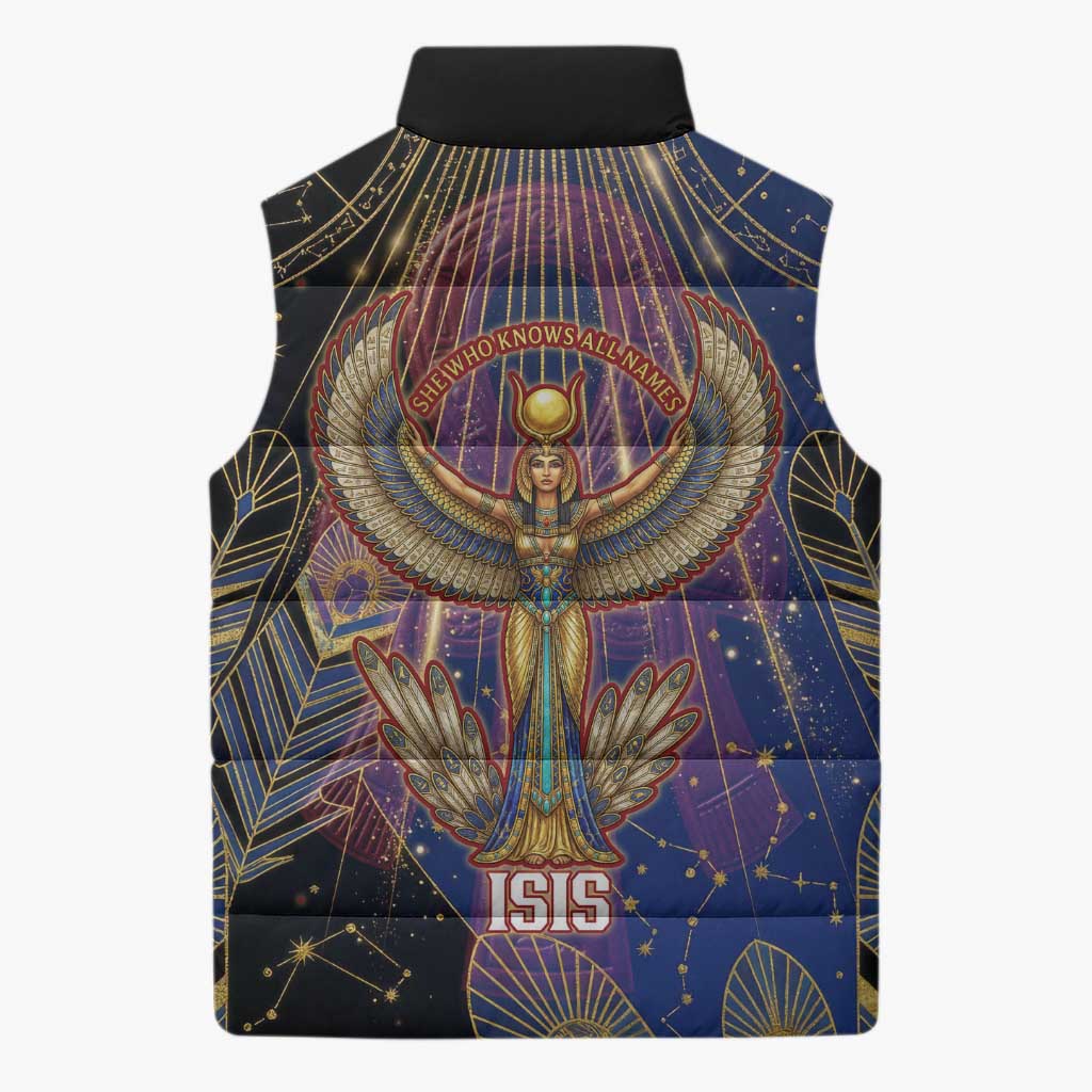 Isis Ankh Symbol Sleeveless Puffer Jacket with Celestial Wings in Ancient Egyptian Cosmic