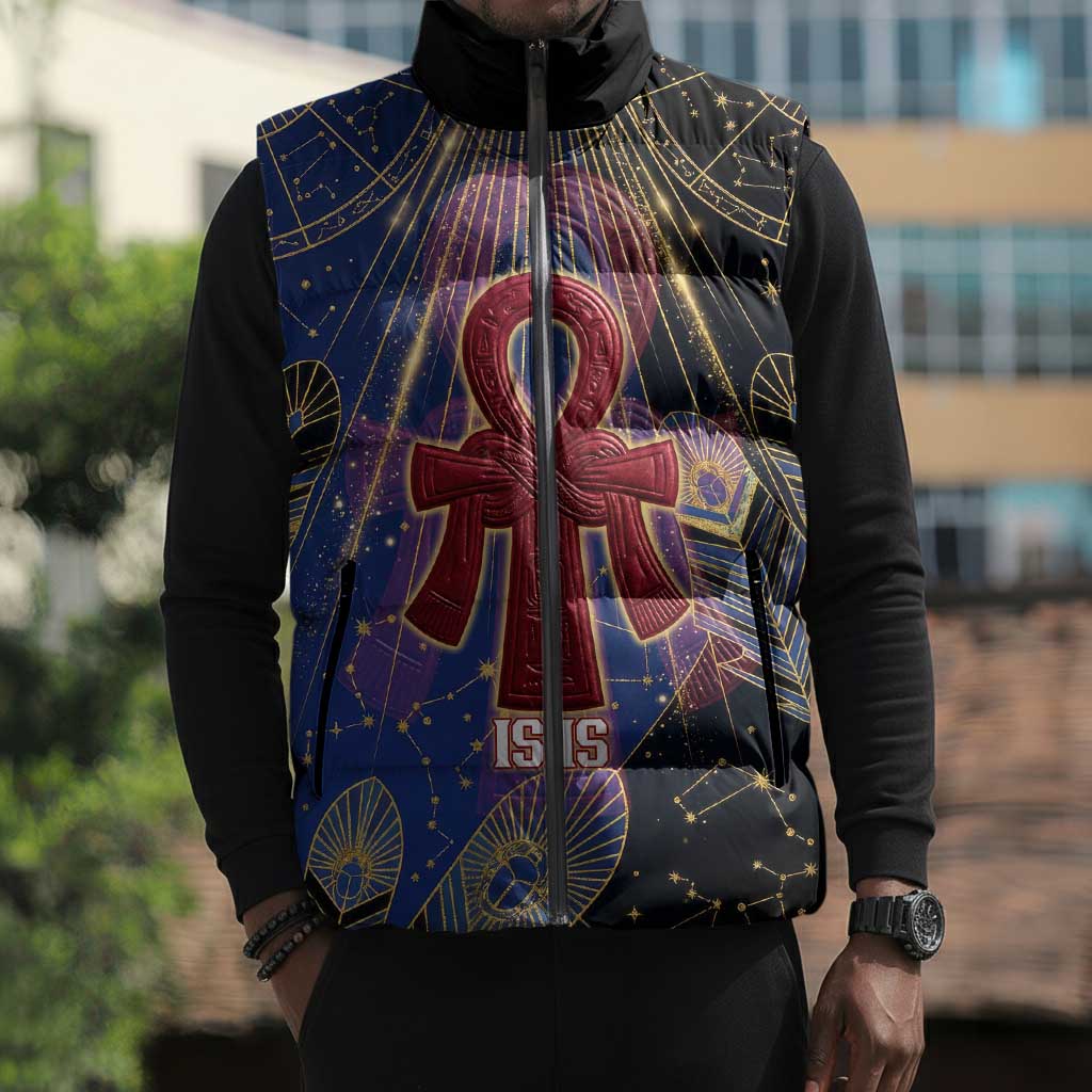 Isis Ankh Symbol Sleeveless Puffer Jacket with Celestial Wings in Ancient Egyptian Cosmic