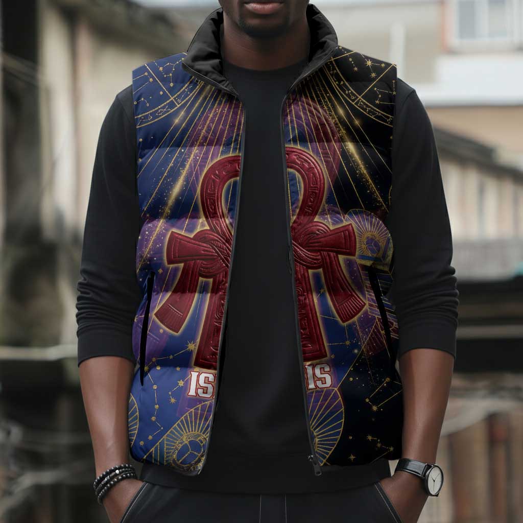 Isis Ankh Symbol Sleeveless Puffer Jacket with Celestial Wings in Ancient Egyptian Cosmic