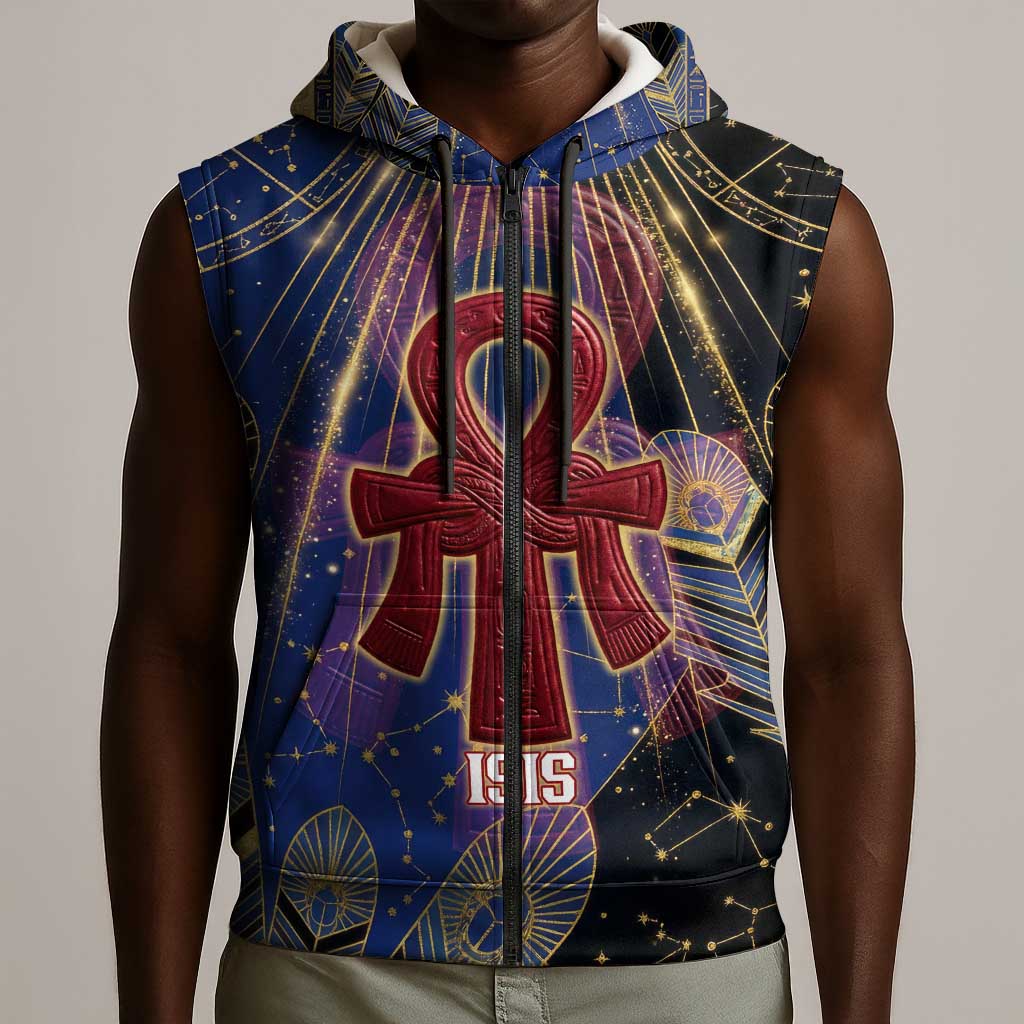 Isis Ankh Symbol Sleeveless Zip Hoodie with Celestial Wings in Ancient Egyptian Cosmic