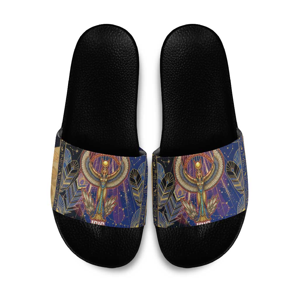 Isis Ankh Symbol Slide Sandals with Celestial Wings in Ancient Egyptian Cosmic