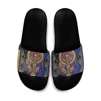Isis Ankh Symbol Slide Sandals with Celestial Wings in Ancient Egyptian Cosmic