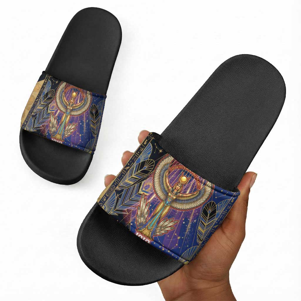 Isis Ankh Symbol Slide Sandals with Celestial Wings in Ancient Egyptian Cosmic