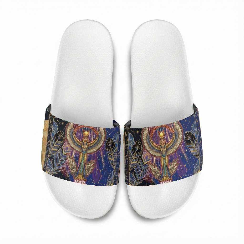 Isis Ankh Symbol Slide Sandals with Celestial Wings in Ancient Egyptian Cosmic