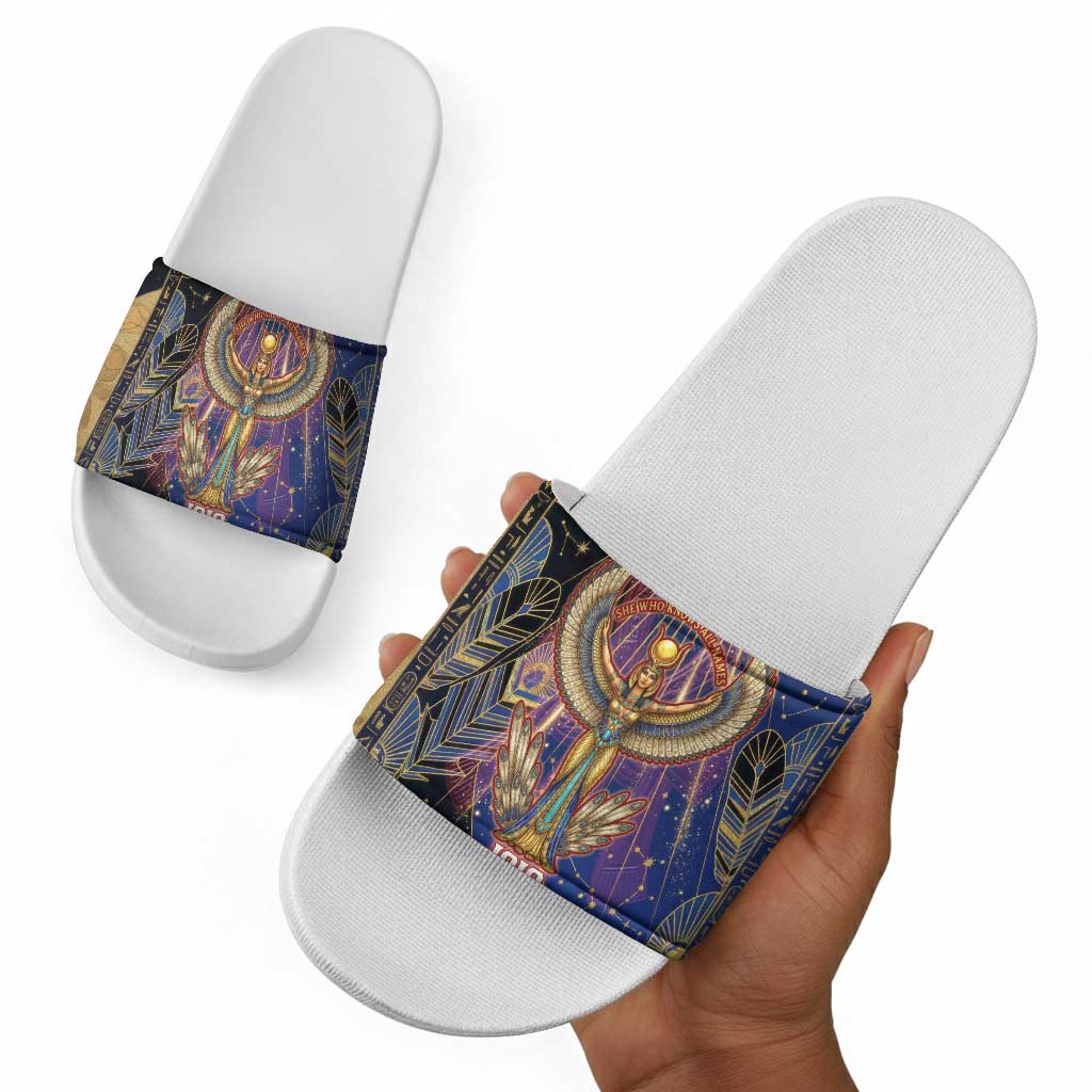 Isis Ankh Symbol Slide Sandals with Celestial Wings in Ancient Egyptian Cosmic