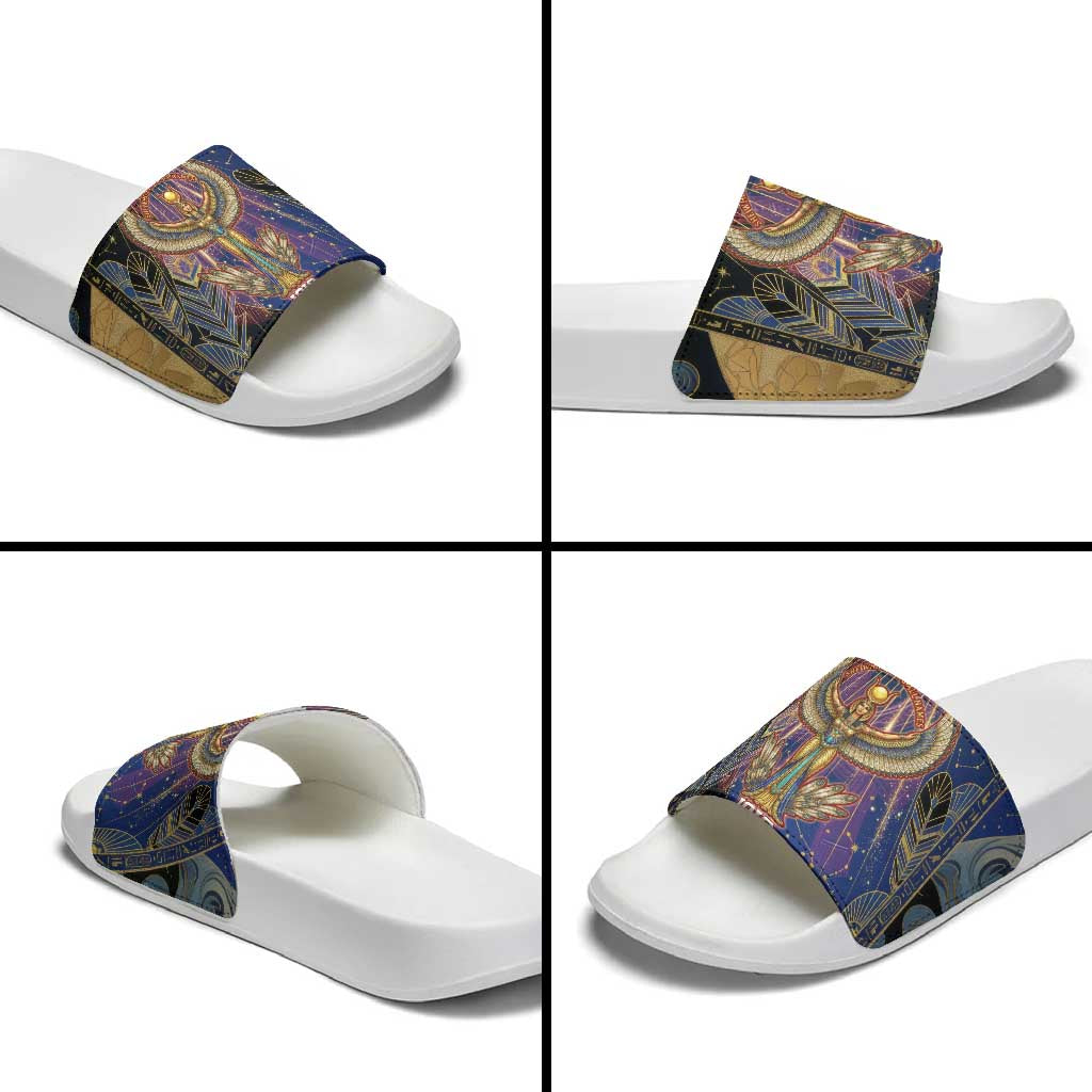 Isis Ankh Symbol Slide Sandals with Celestial Wings in Ancient Egyptian Cosmic