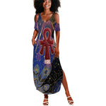 Isis Ankh Symbol Summer Maxi Dress with Celestial Wings in Ancient Egyptian Cosmic