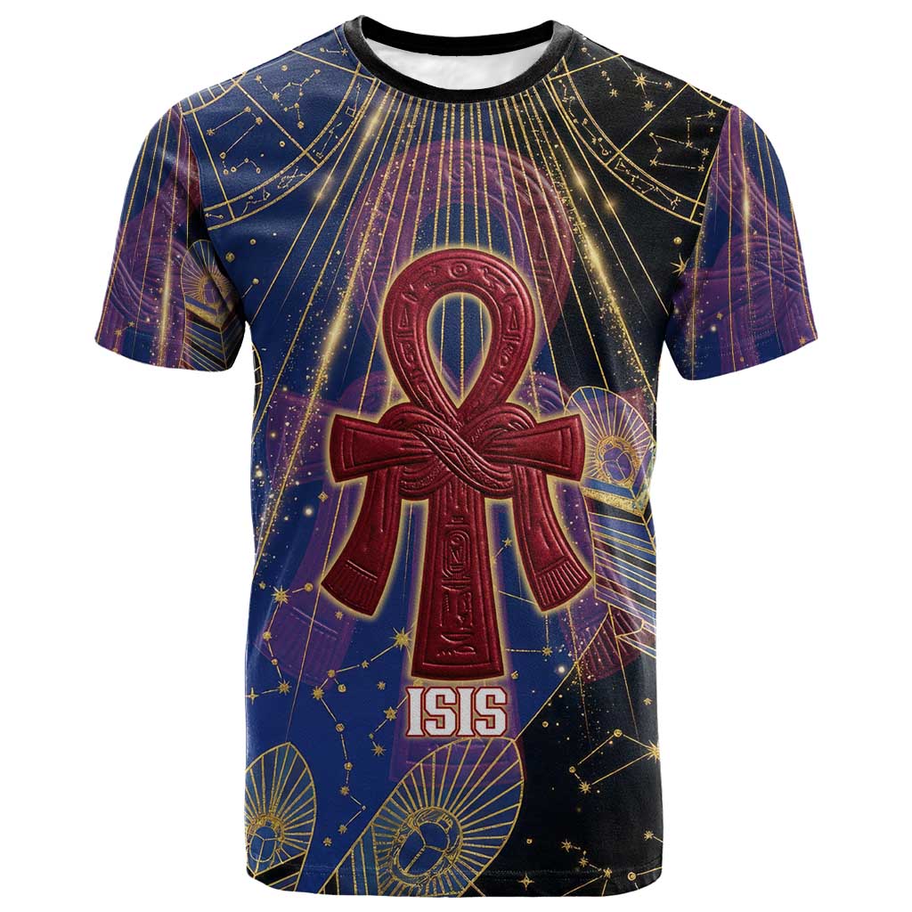 Isis Ankh Symbol T shirt with Celestial Wings in Ancient Egyptian Cosmic