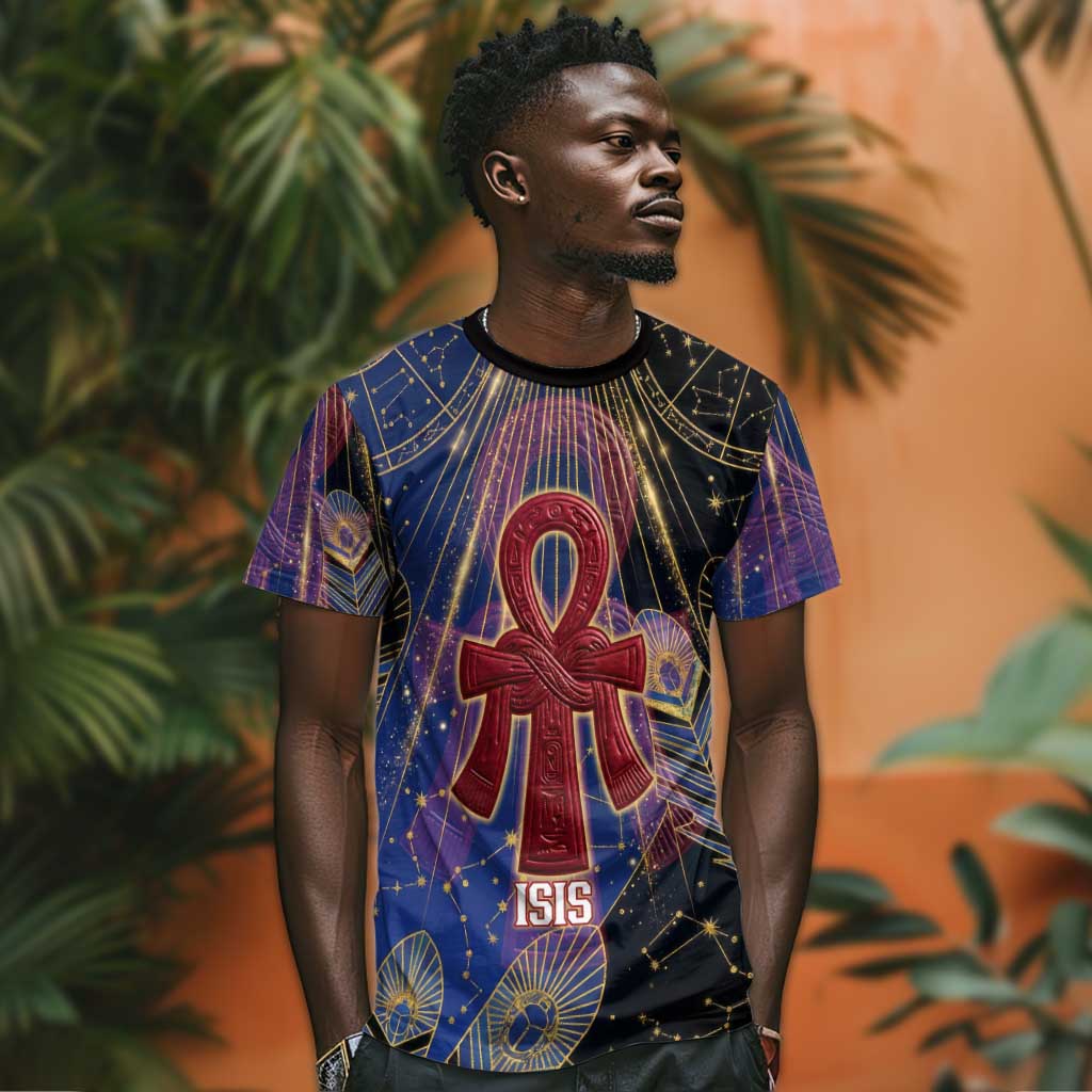 Isis Ankh Symbol T shirt with Celestial Wings in Ancient Egyptian Cosmic