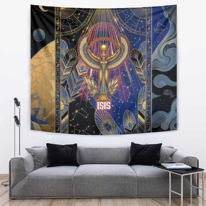 Isis Ankh Symbol Tapestry with Celestial Wings in Ancient Egyptian Cosmic