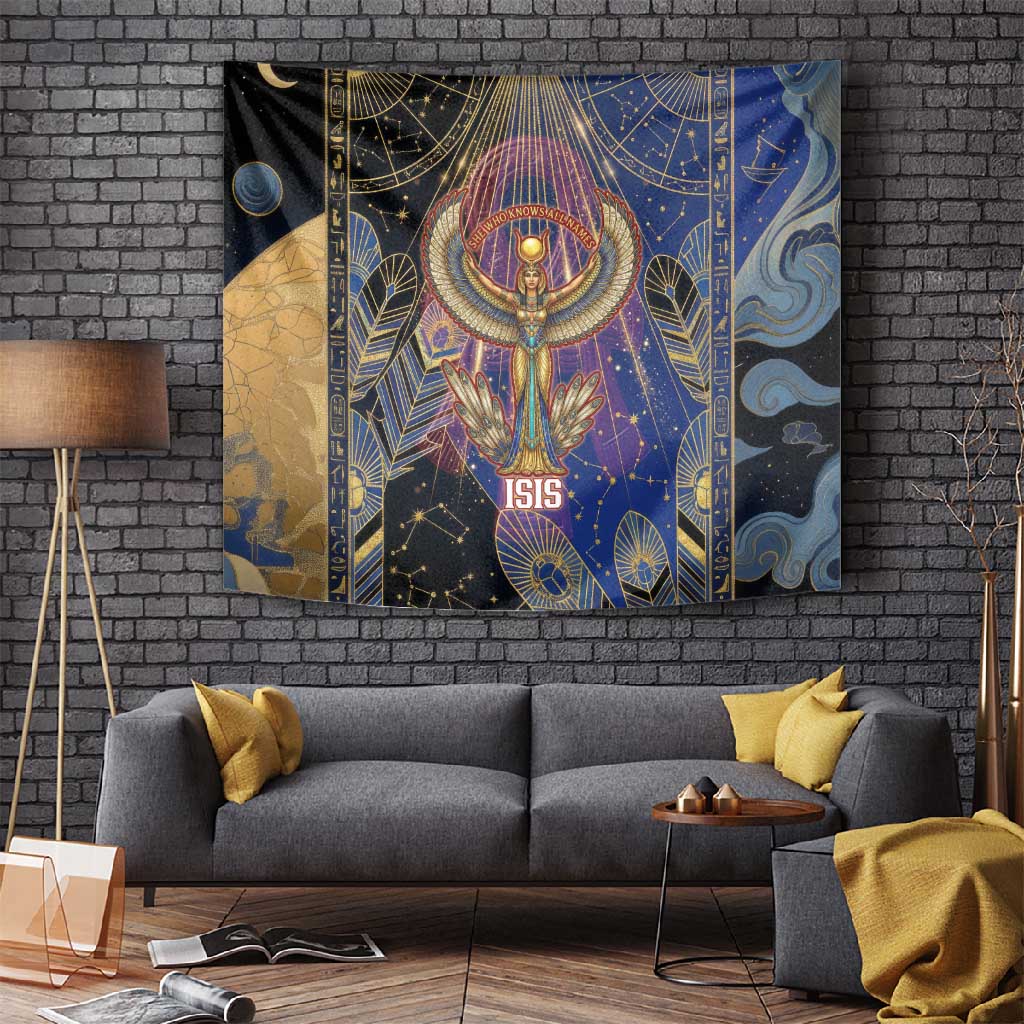 Isis Ankh Symbol Tapestry with Celestial Wings in Ancient Egyptian Cosmic