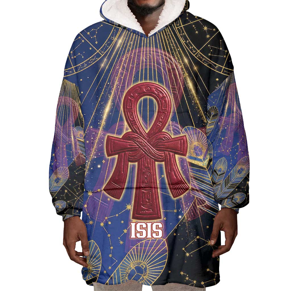 Isis Ankh Symbol Wearable Blanket Hoodie with Celestial Wings in Ancient Egyptian Cosmic