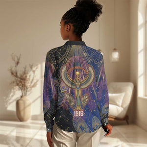 Isis Ankh Symbol Women Casual Shirt with Celestial Wings in Ancient Egyptian Cosmic
