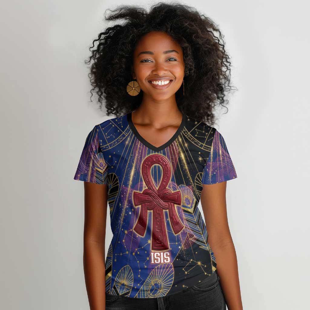 Isis Ankh Symbol Women V-Neck T-Shirt with Celestial Wings in Ancient Egyptian Cosmic