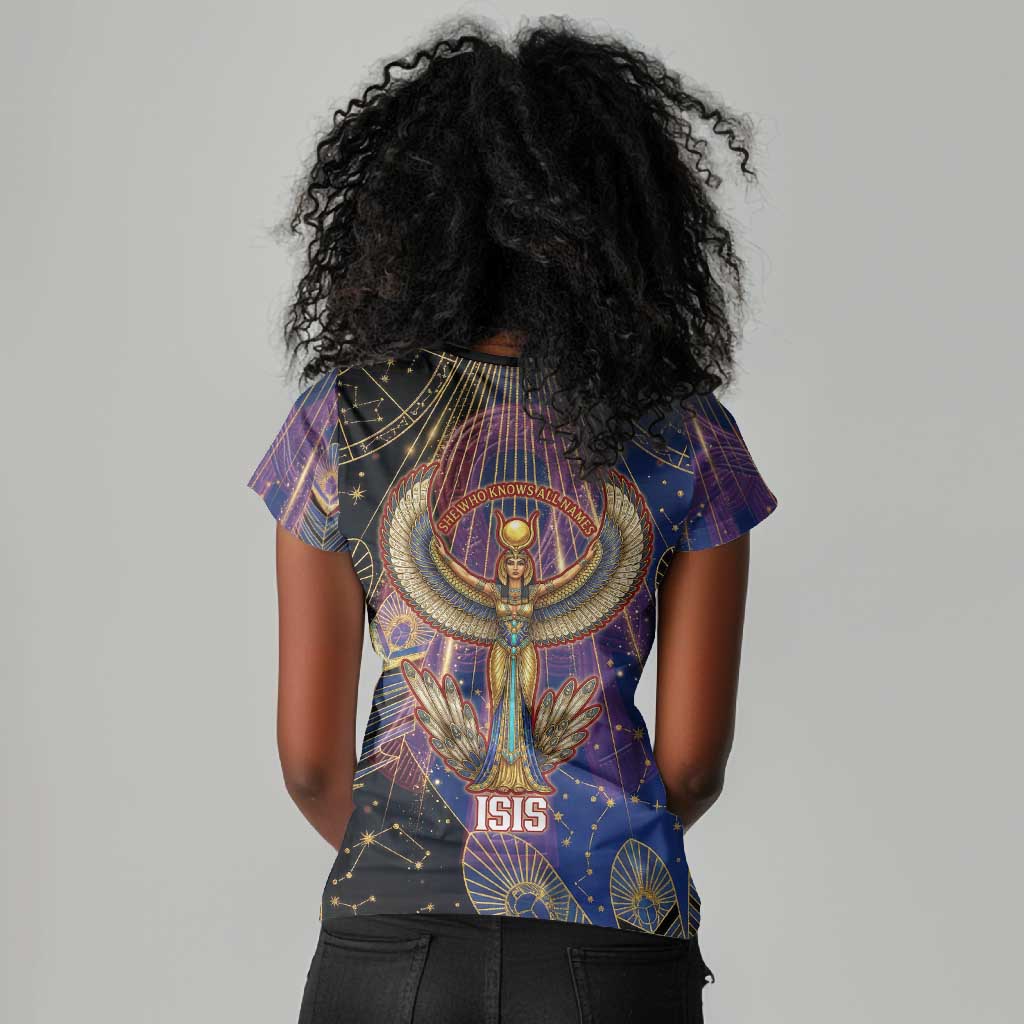 Isis Ankh Symbol Women V-Neck T-Shirt with Celestial Wings in Ancient Egyptian Cosmic